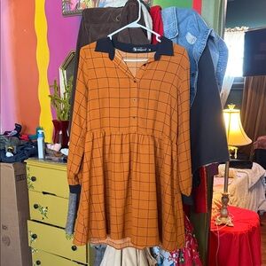 Allegra K Checkered Orange Long Sleeve Dress